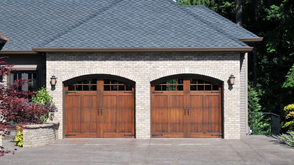 A set of wooden garage doors